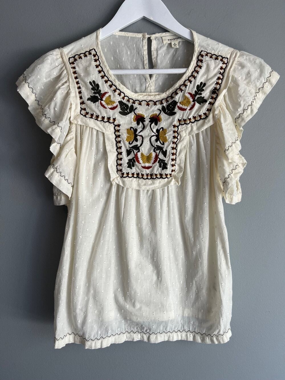 Max Studio Embroidered Blouse Women's S Ivory Boho Folk Peasant Swiss Dot Top